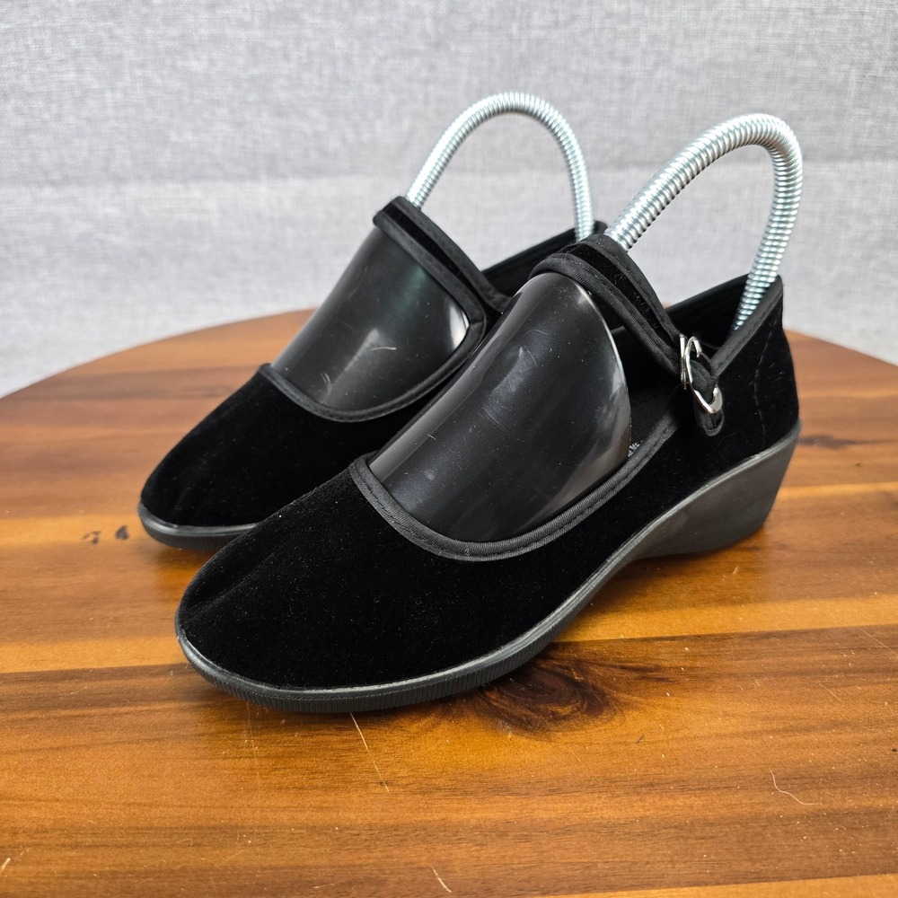 Shanghai Double Coin Black Velvet Mary Jane Martial Arts Wedge Shoes Size 220, 5 - Picture 3 of 16